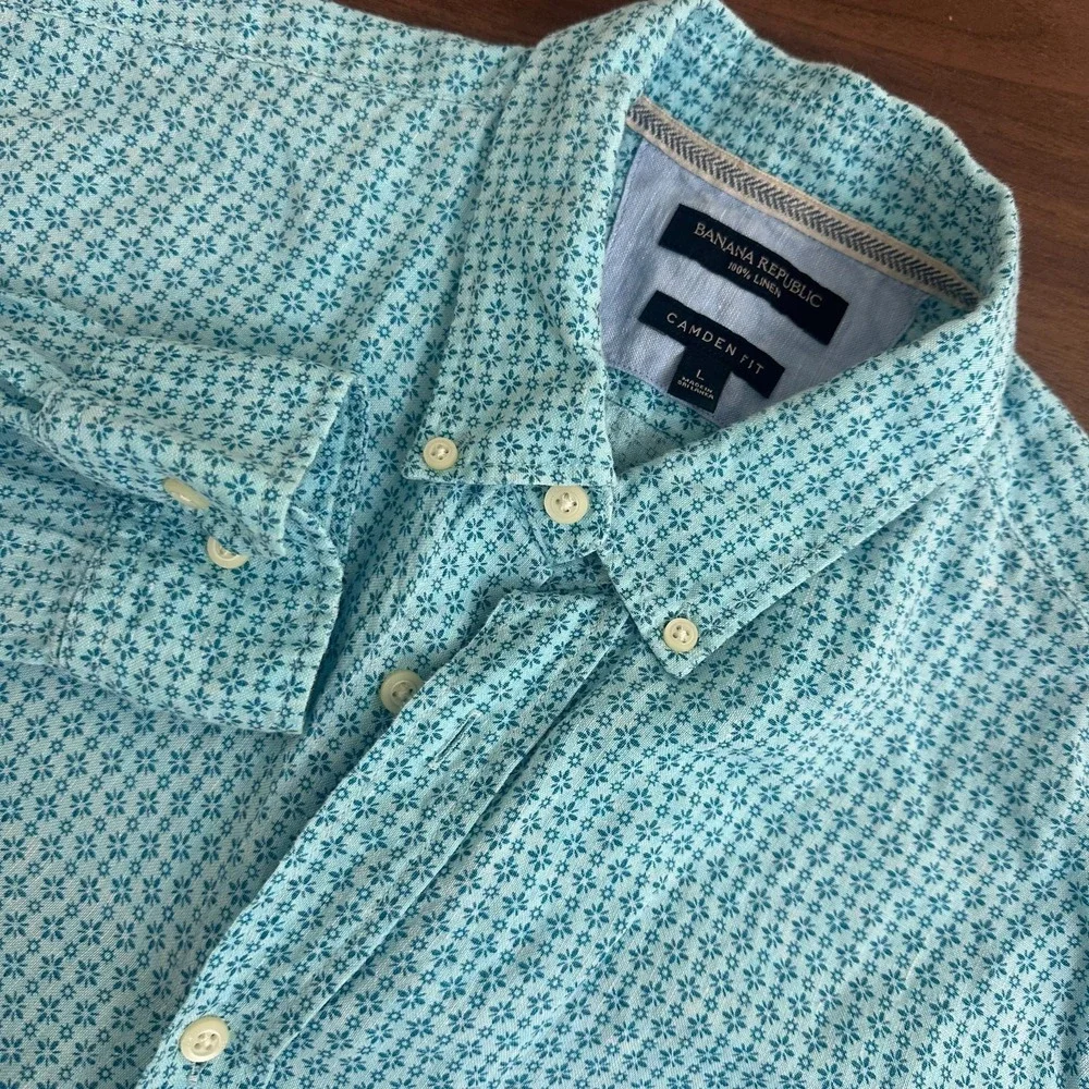 Banana Republic Shirt Blue Floral 100% Linen Camden Fit Button Down Mens Large